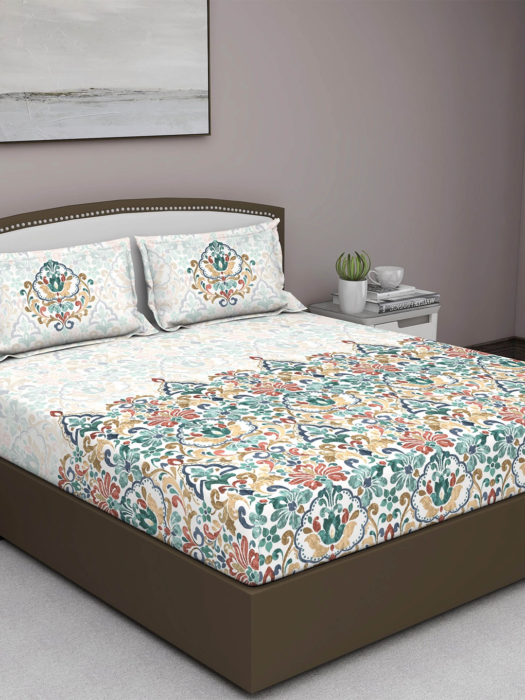 

GM White & Green Floral 180 TC King Bedsheet with 2 Pillow Covers