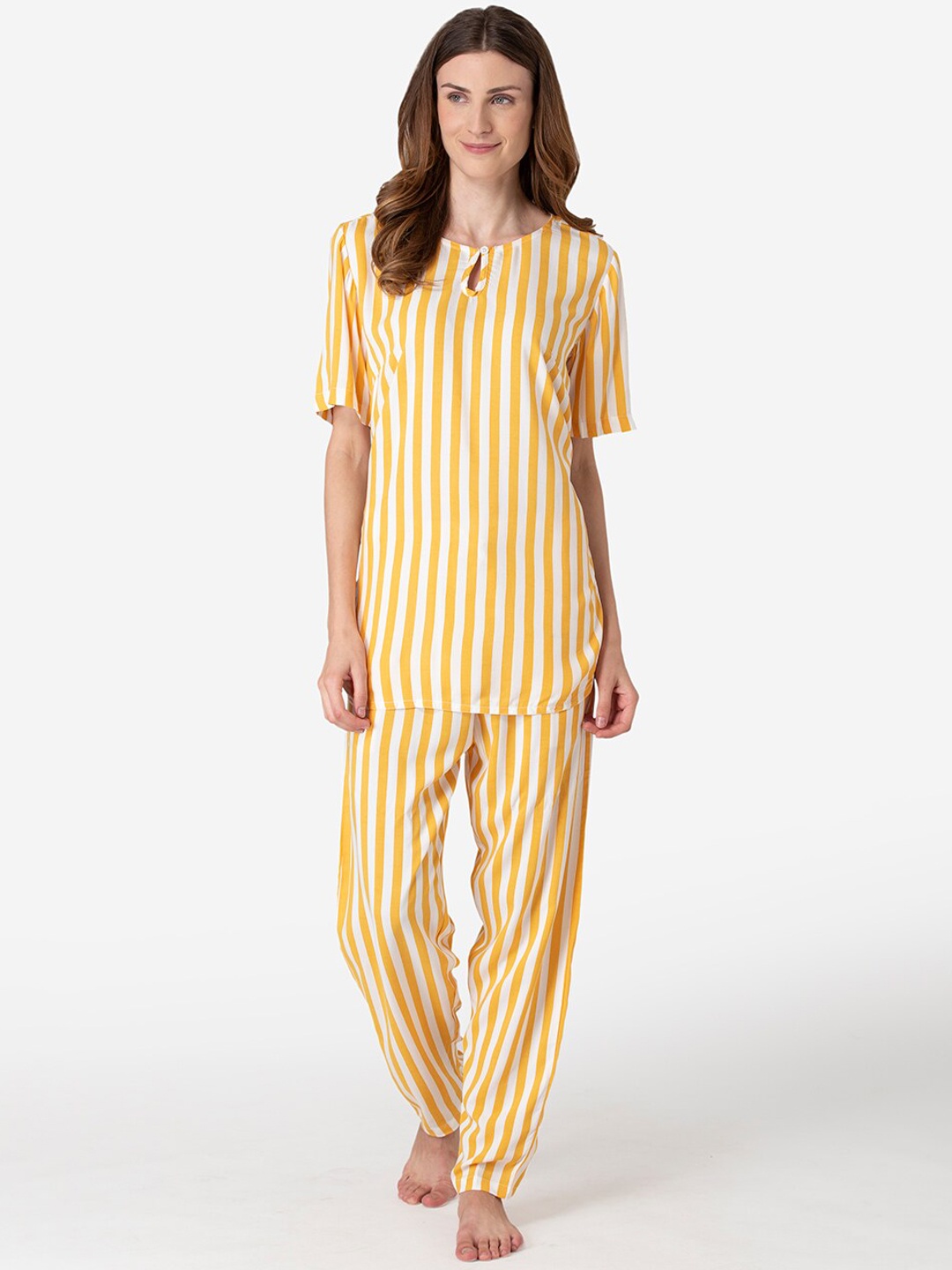 

Fluffalump Women Yellow & White Vertical Striped Night Suit
