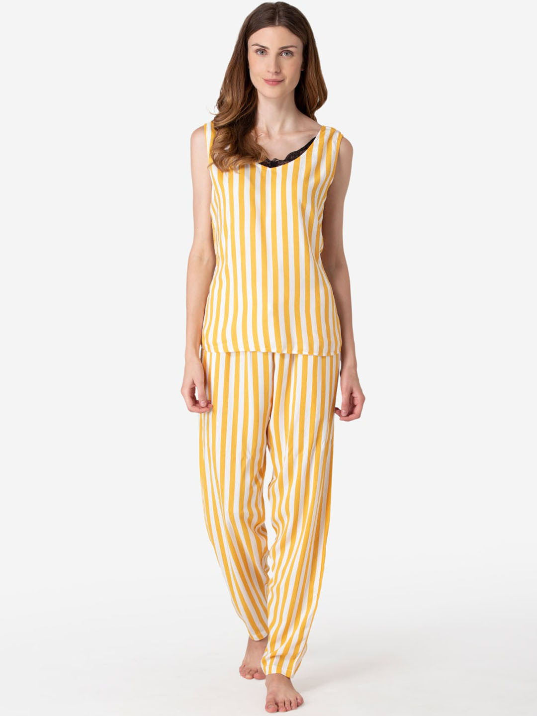 

Fluffalump Women Yellow & White Striped Night suit