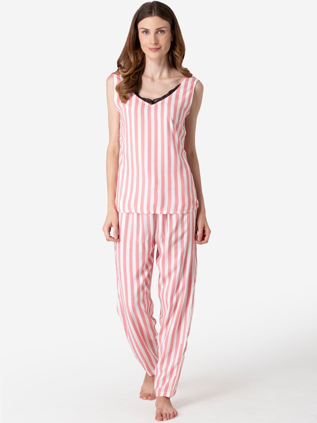 

Fluffalump Women Pink & White Striped Night Suit