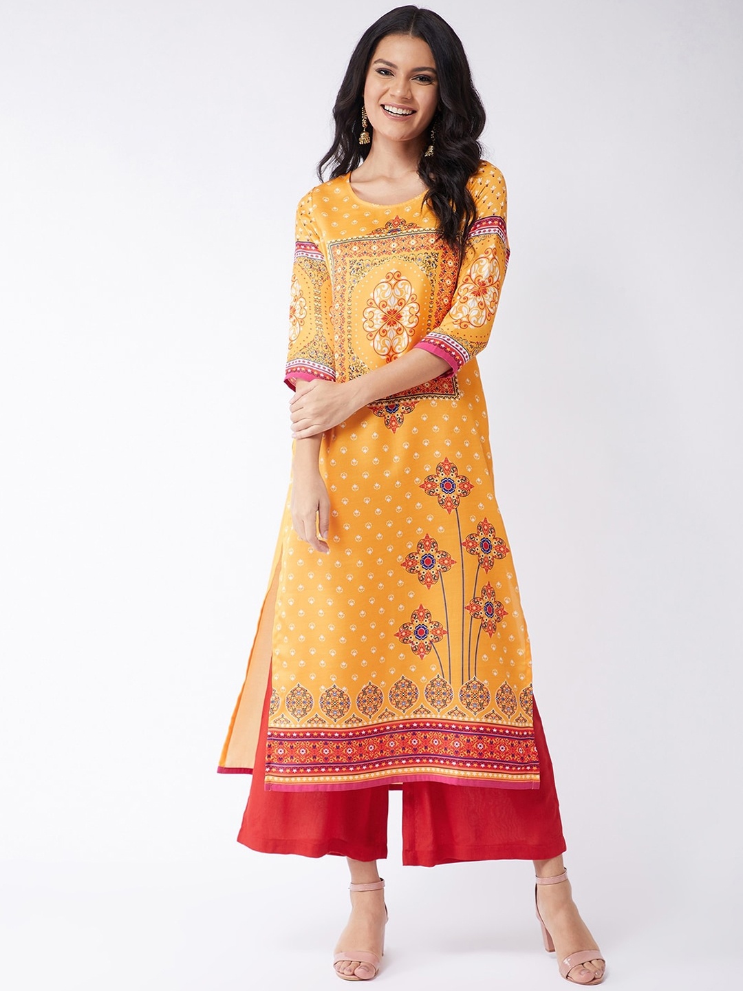 

Pannkh Women Yellow & Red Ethnic Motifs Digital Printed Kurta
