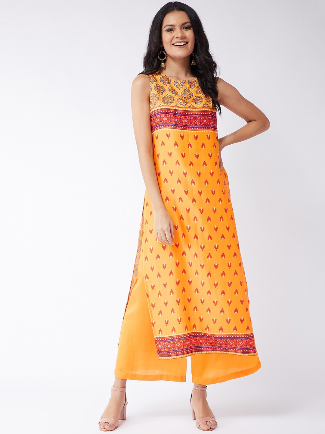 

Pannkh Women Yellow & Pink Ethnic Motifs Digital Printed A-Line Kurta