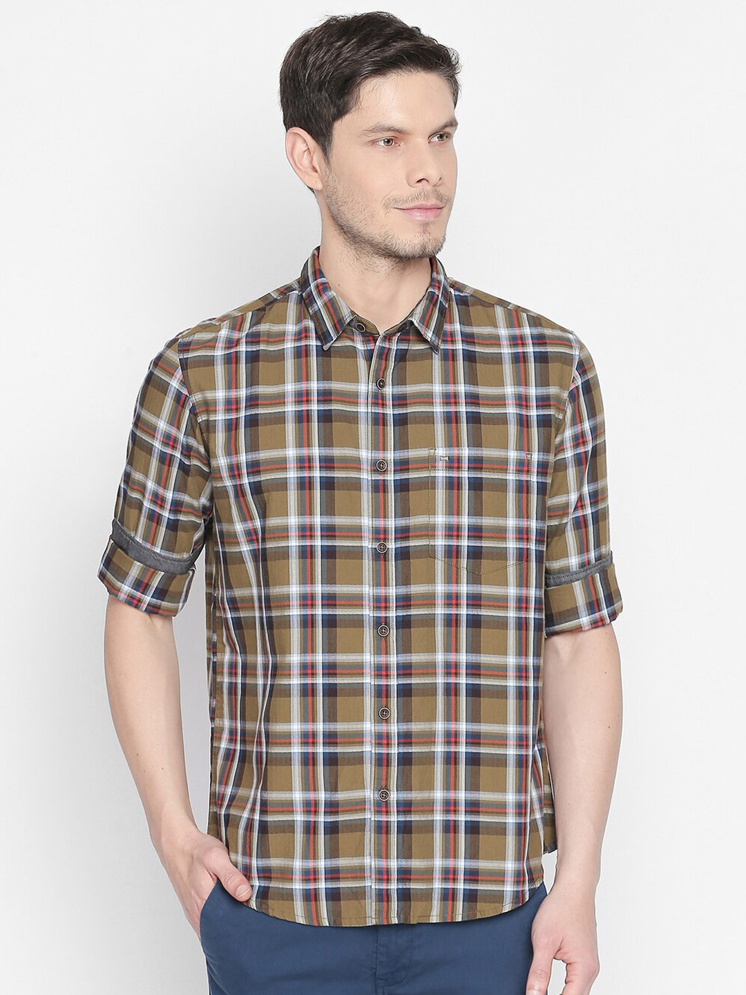 

Basics Men Olive Green Slim Fit Tartan Checks Checked Casual Shirt