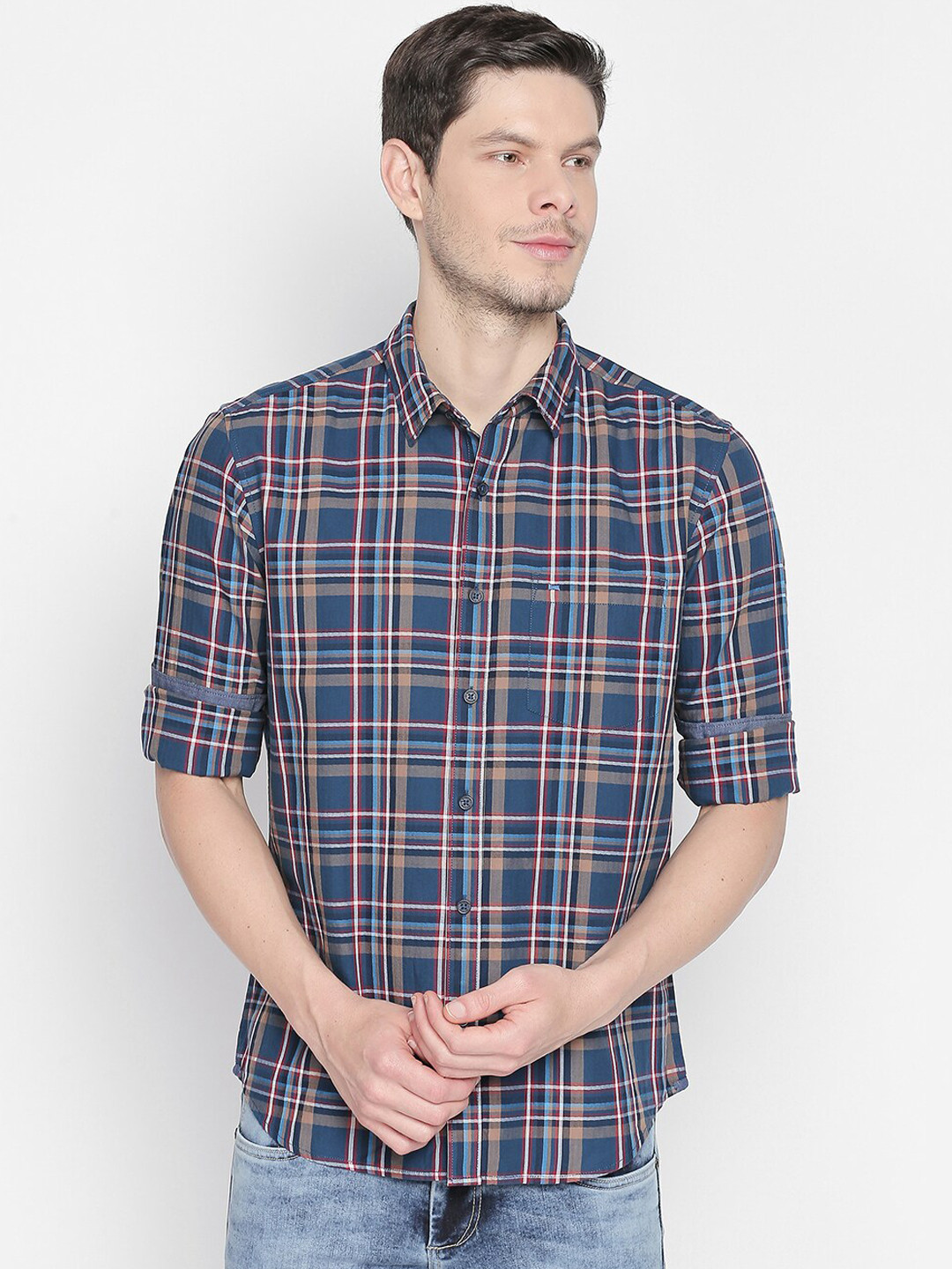 

Basics Men Blue Slim Fit Tartan Checks Checked Casual Shirt