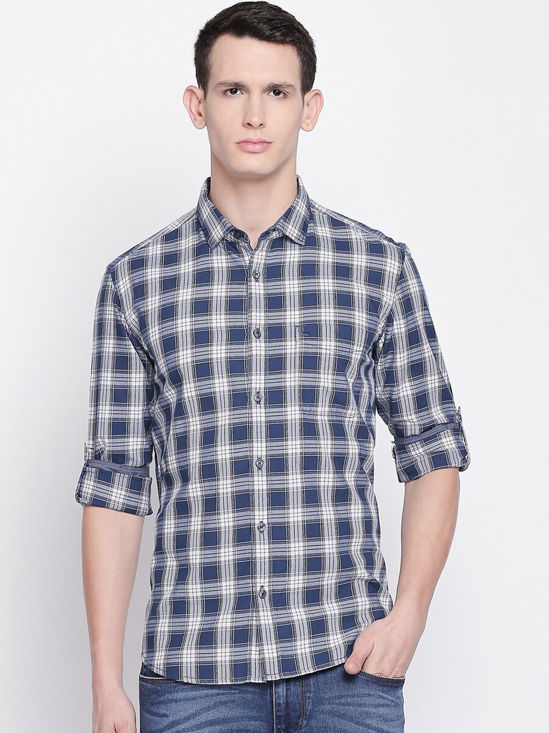 

Basics Men White Slim Fit Tartan Checks Checked Casual Shirt