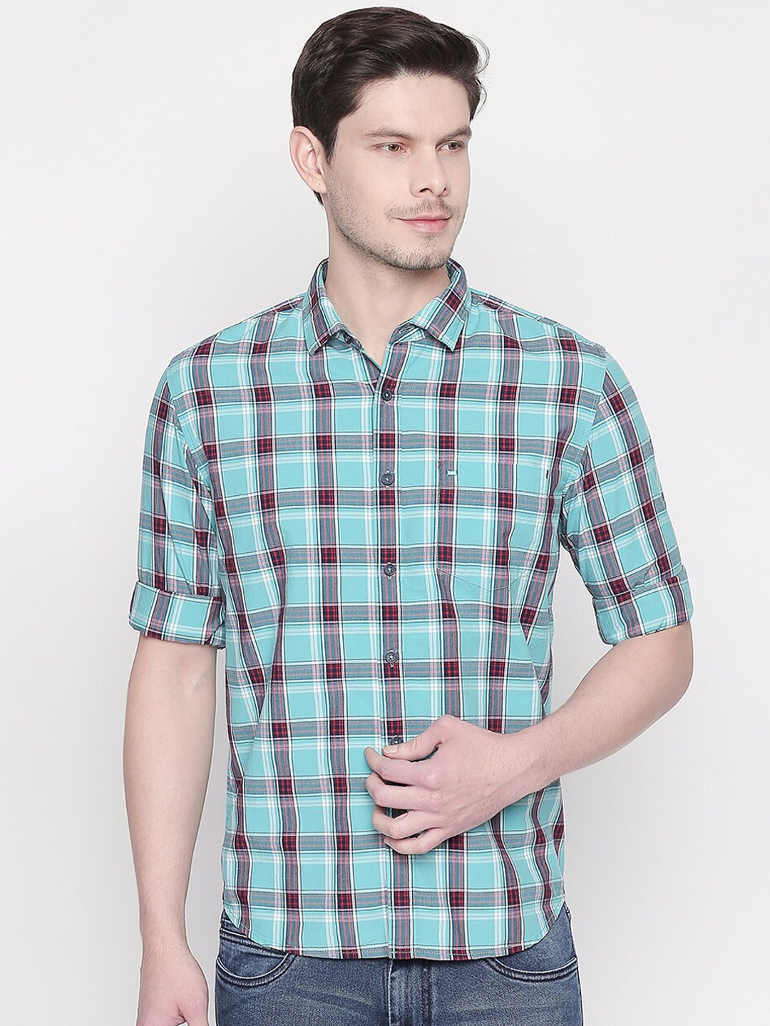 

Basics Men Green Slim Fit Tartan Checks Checked Casual Shirt