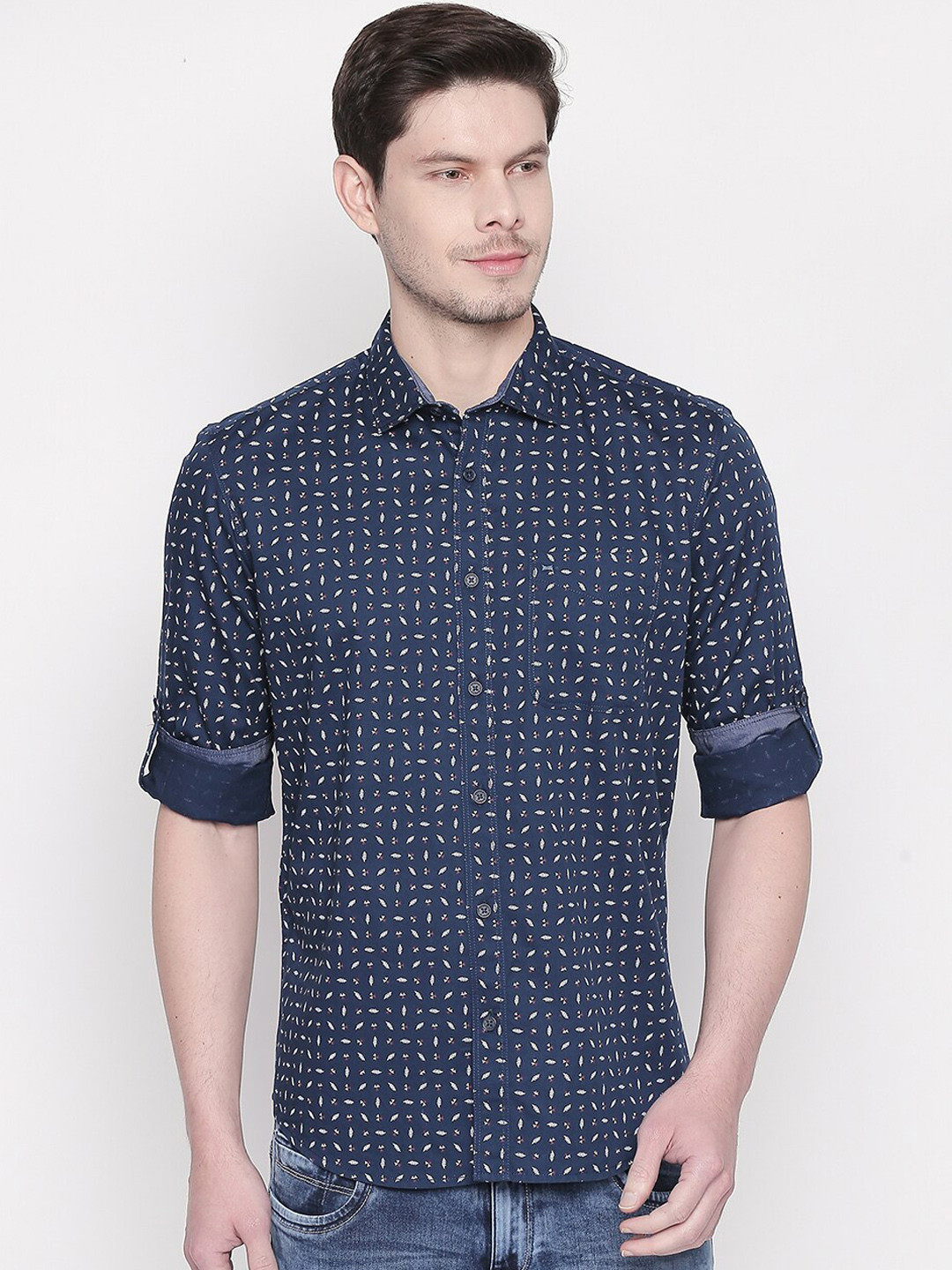 

Basics Men Navy Blue Slim Fit Printed Casual Shirt