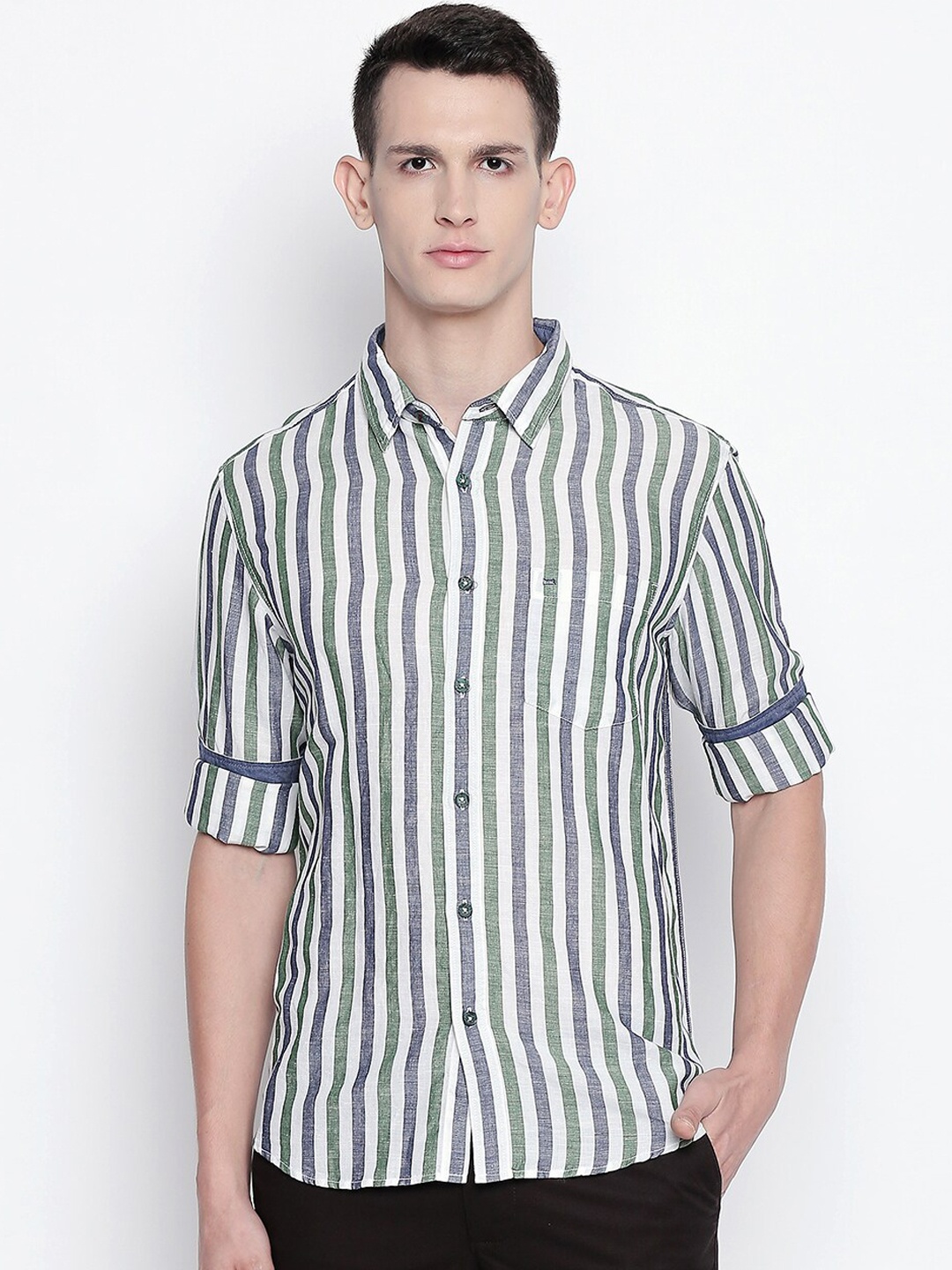 

Basics Men Green Slim Fit Striped Casual Shirt