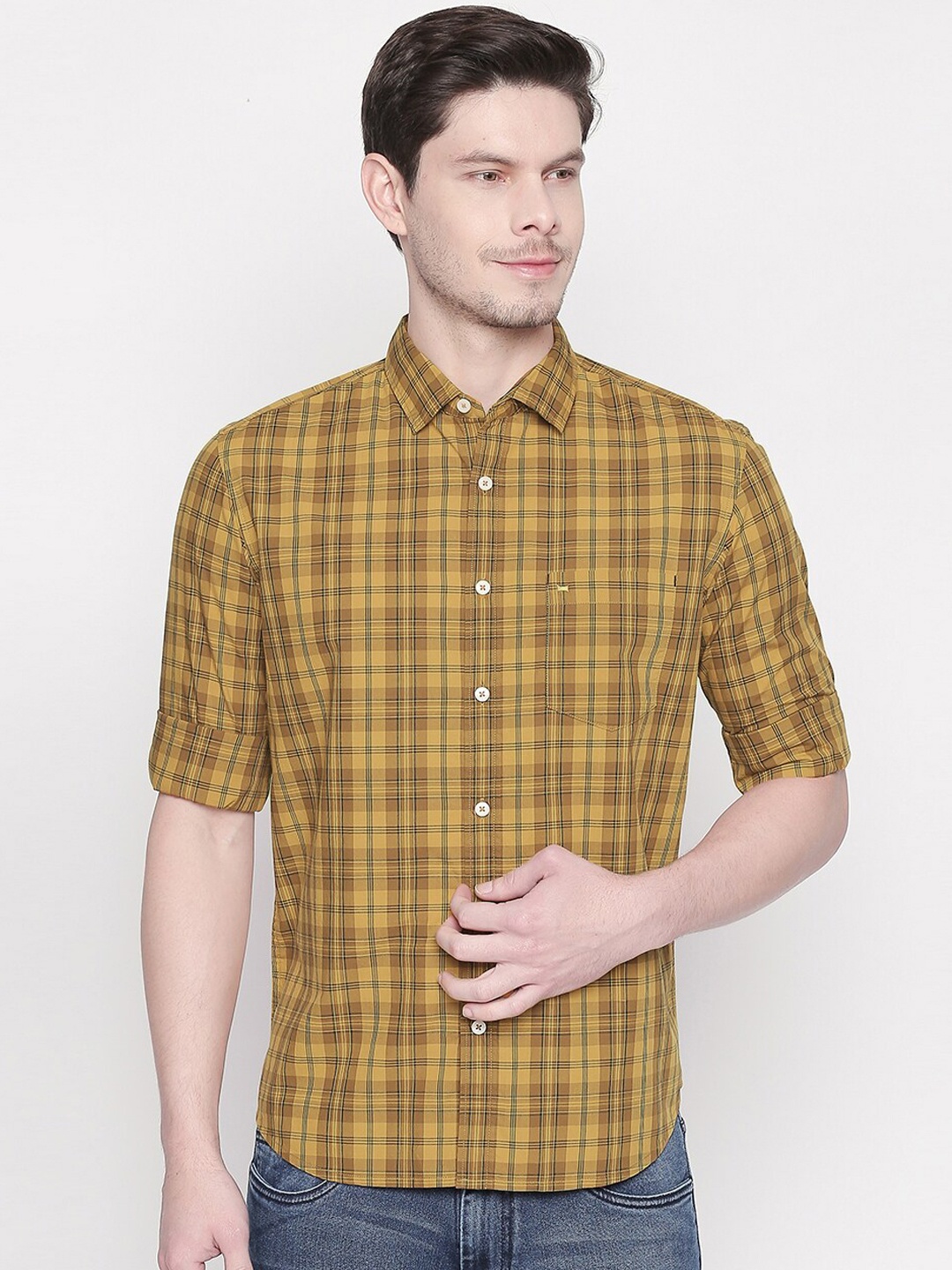 

Basics Men Yellow Slim Fit Tartan Checks Checked Casual Shirt