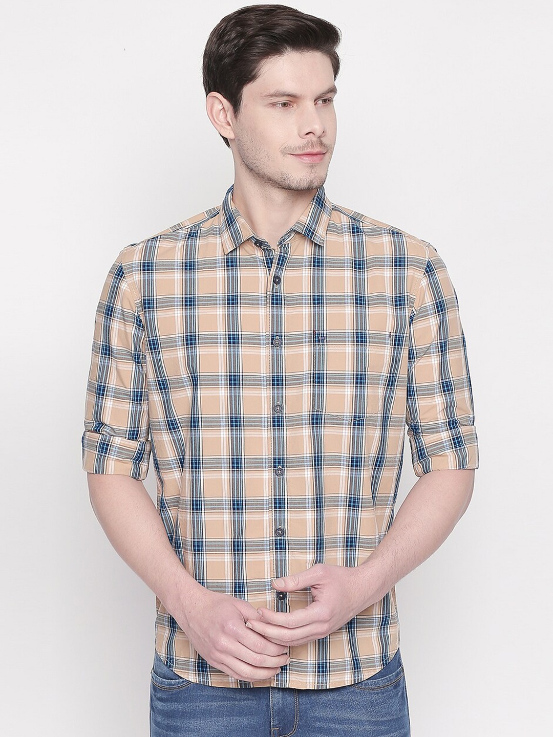 

Basics Men Khaki Slim Fit Tartan Checks Checked Casual Shirt