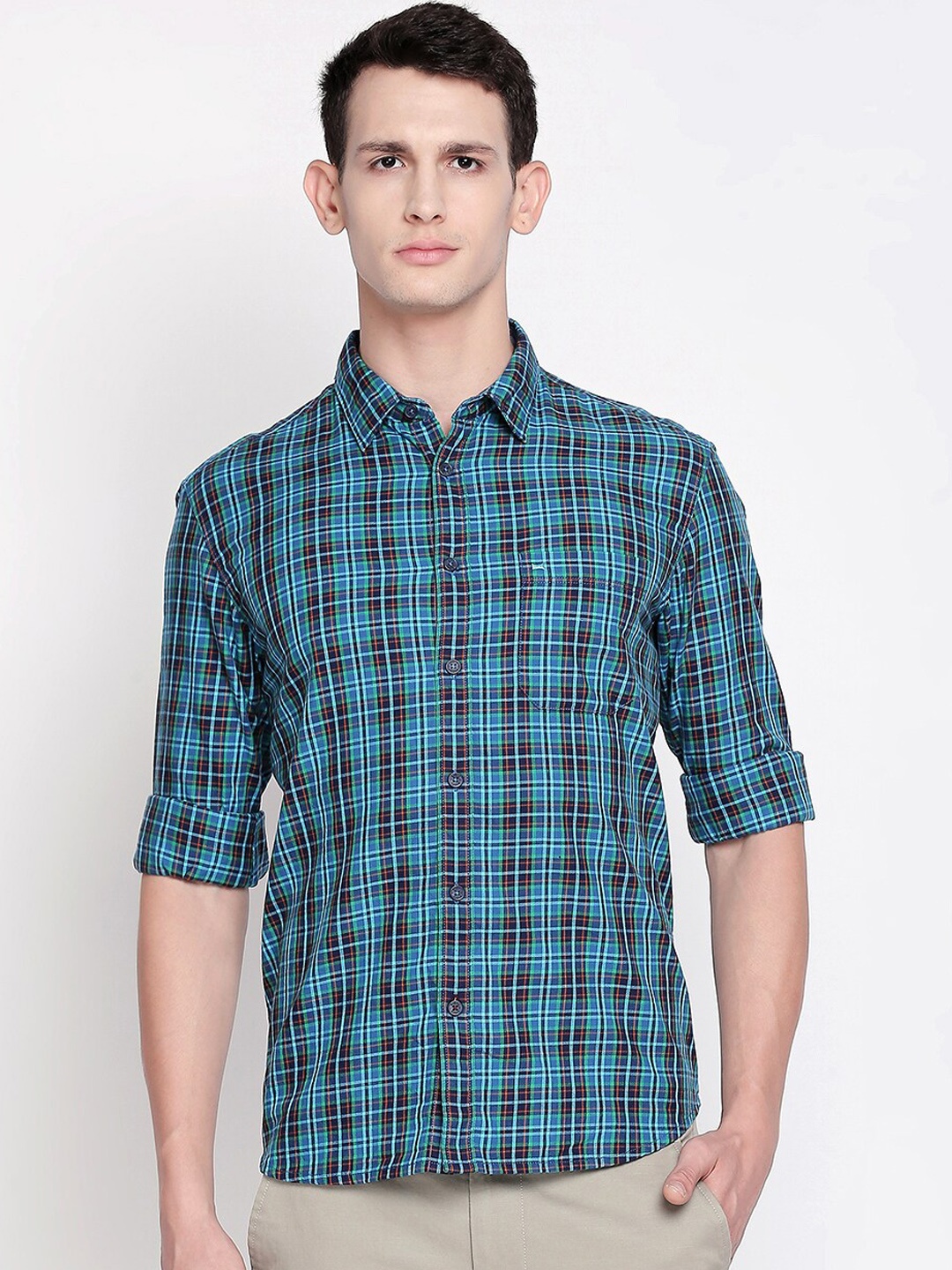 

Basics Men Green Slim Fit Tartan Checks Checked Casual Shirt