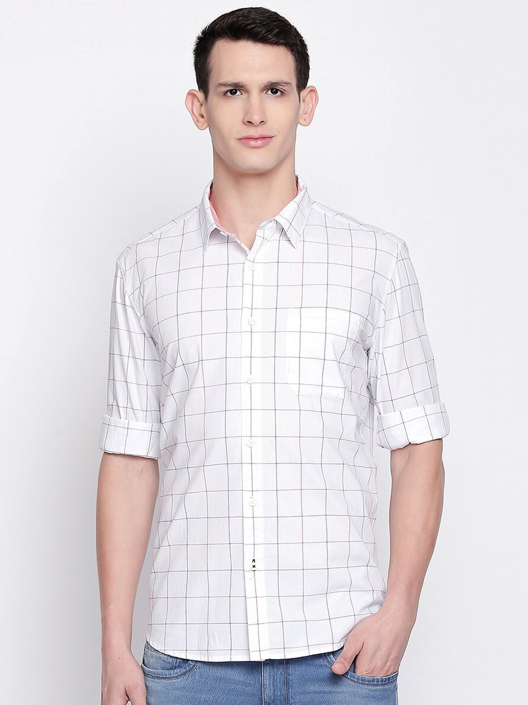 

Basics Men White Slim Fit Windowpane Checks Checked Casual Shirt