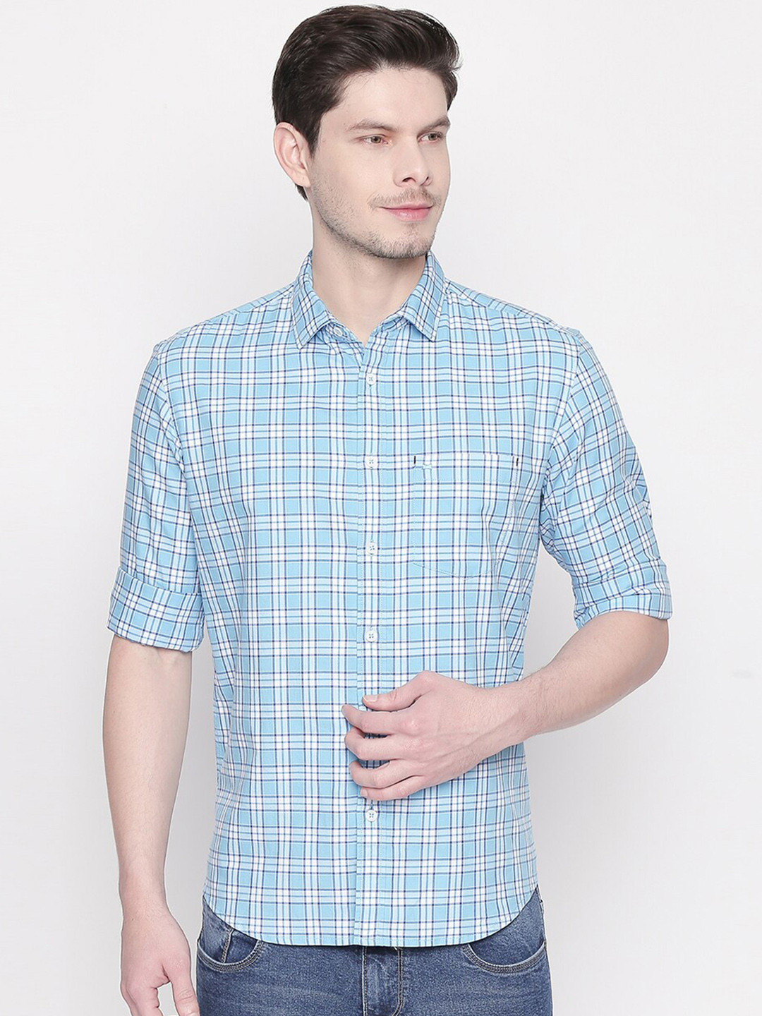 

Basics Men Blue Slim Fit Checked Casual Shirt