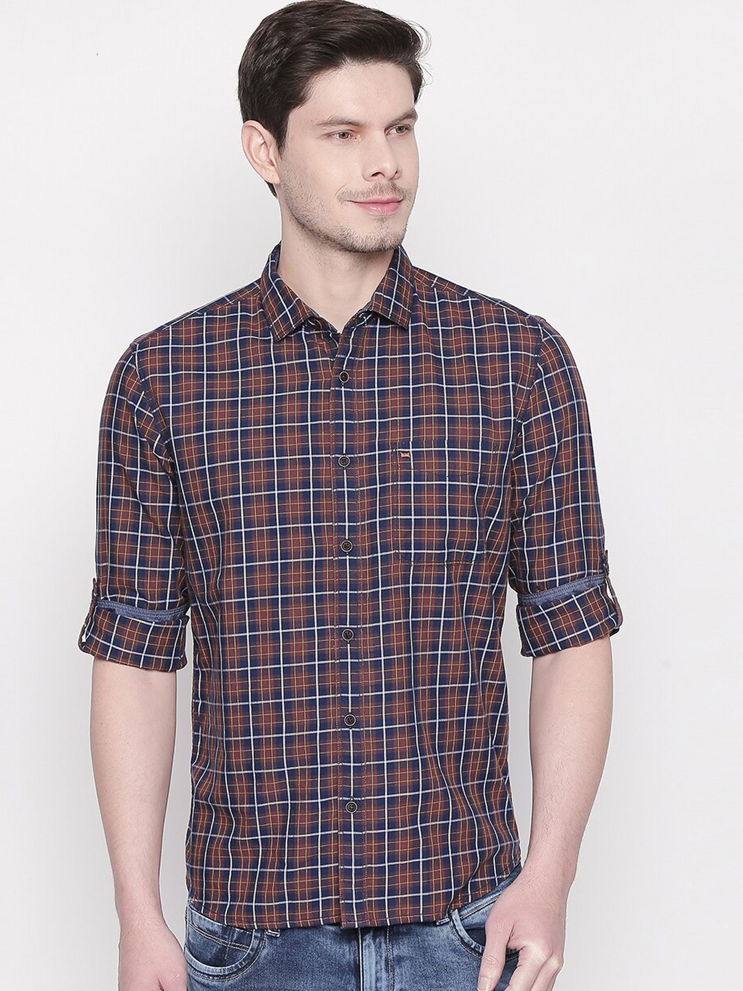 

Basics Men Brown Slim Fit Checked Casual Shirt