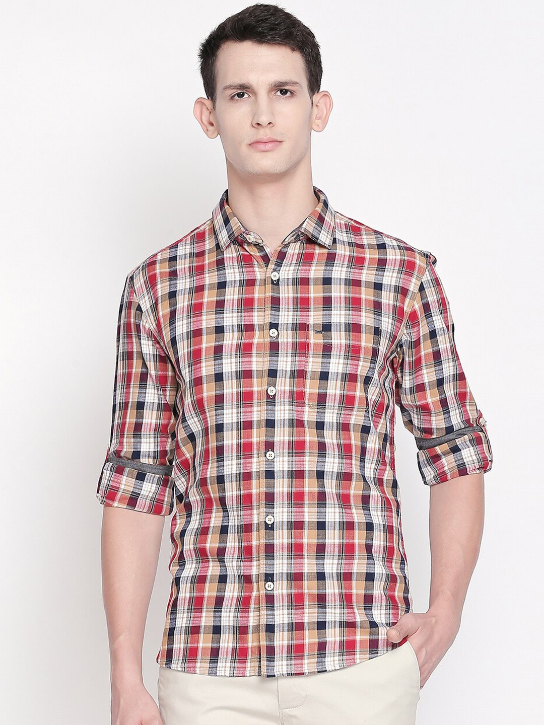 

Basics Men Brown Slim Fit Checked Casual Shirt
