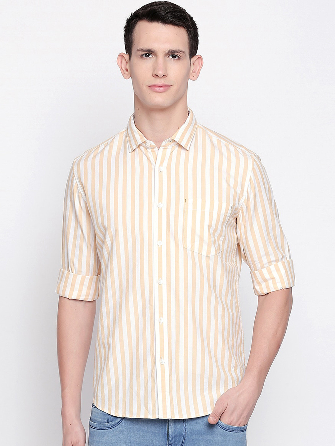 

Basics Men Yellow Slim Fit Striped Casual Shirt