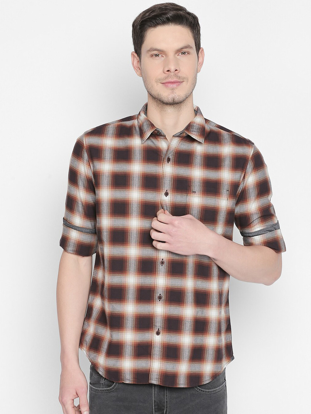 

Basics Men Brown Slim Fit Checked Casual Shirt