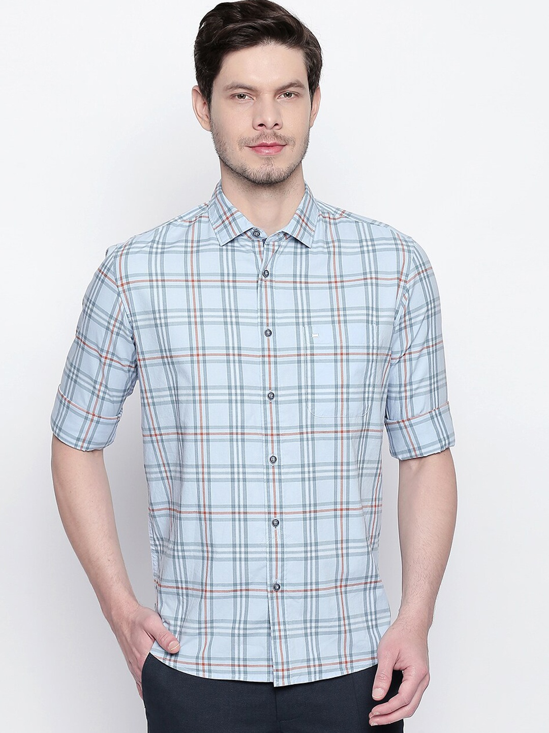 

Basics Men Blue Slim Fit Tartan Checks Checked Casual Shirt