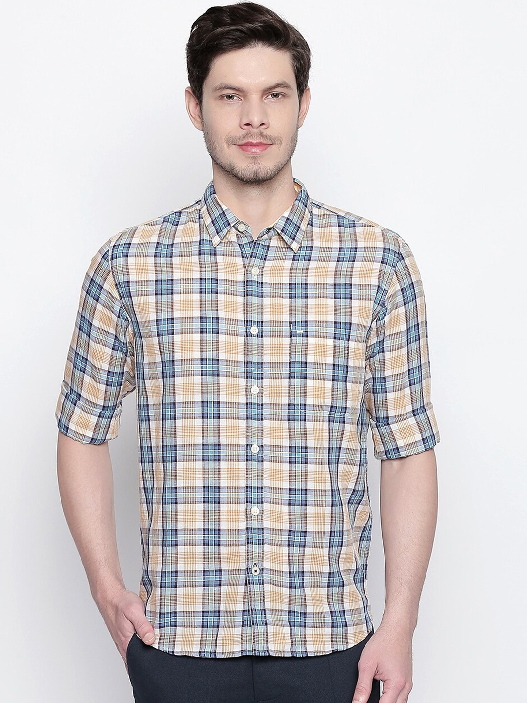 

Basics Men Yellow Slim Fit Checked Casual Shirt