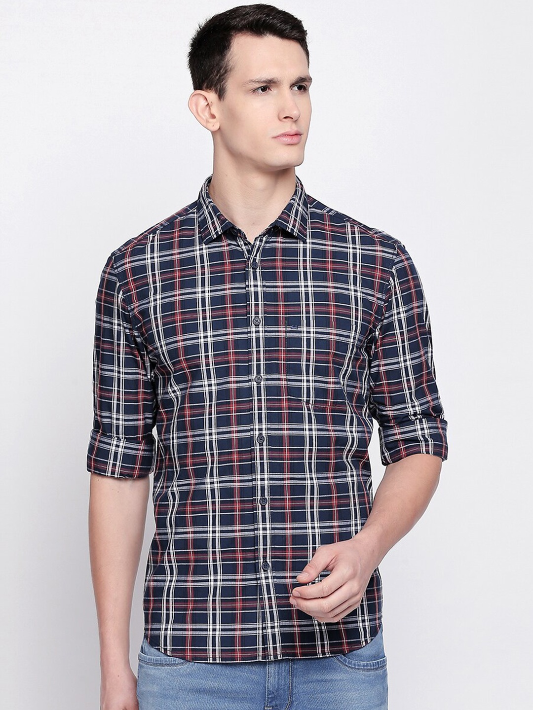 

Basics Men Blue Slim Fit Tartan Checks Checked Casual Shirt