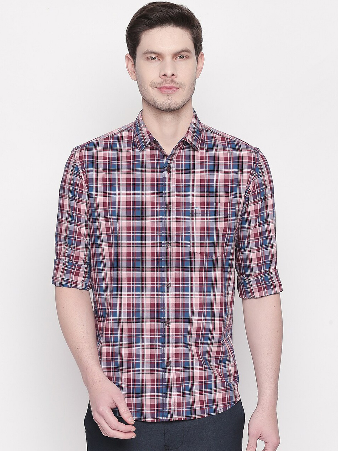 

Basics Men Blue Slim Fit Tartan Checks Checked Casual Shirt