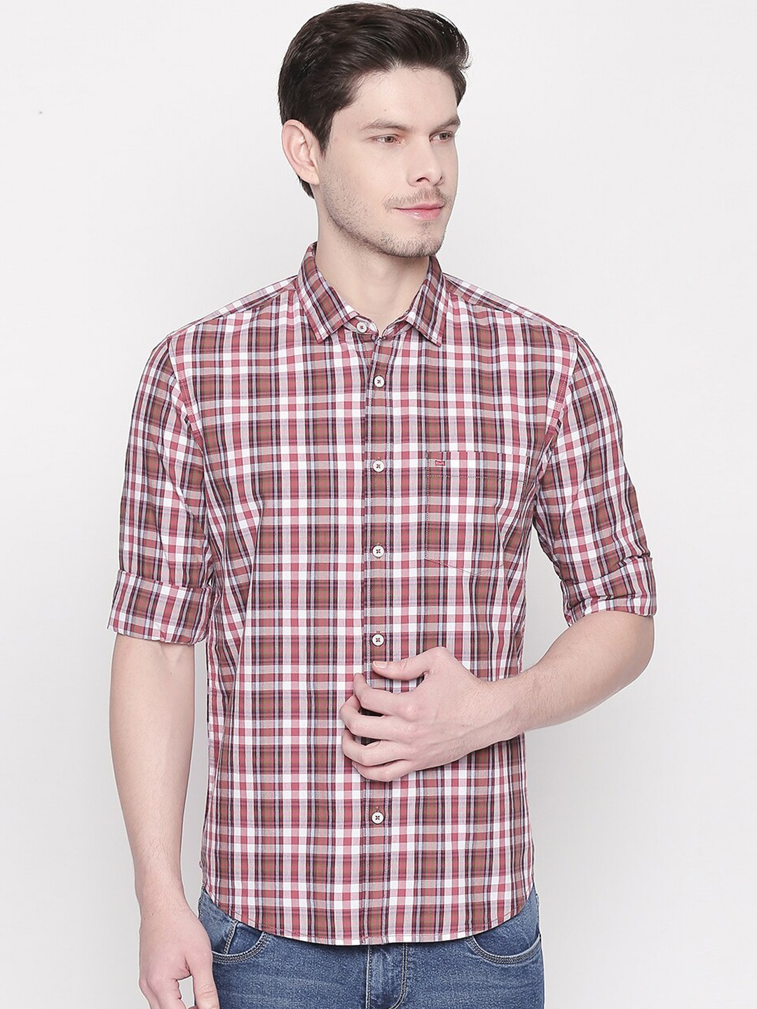 

Basics Men Red Slim Fit Tartan Checks Checked Casual Shirt