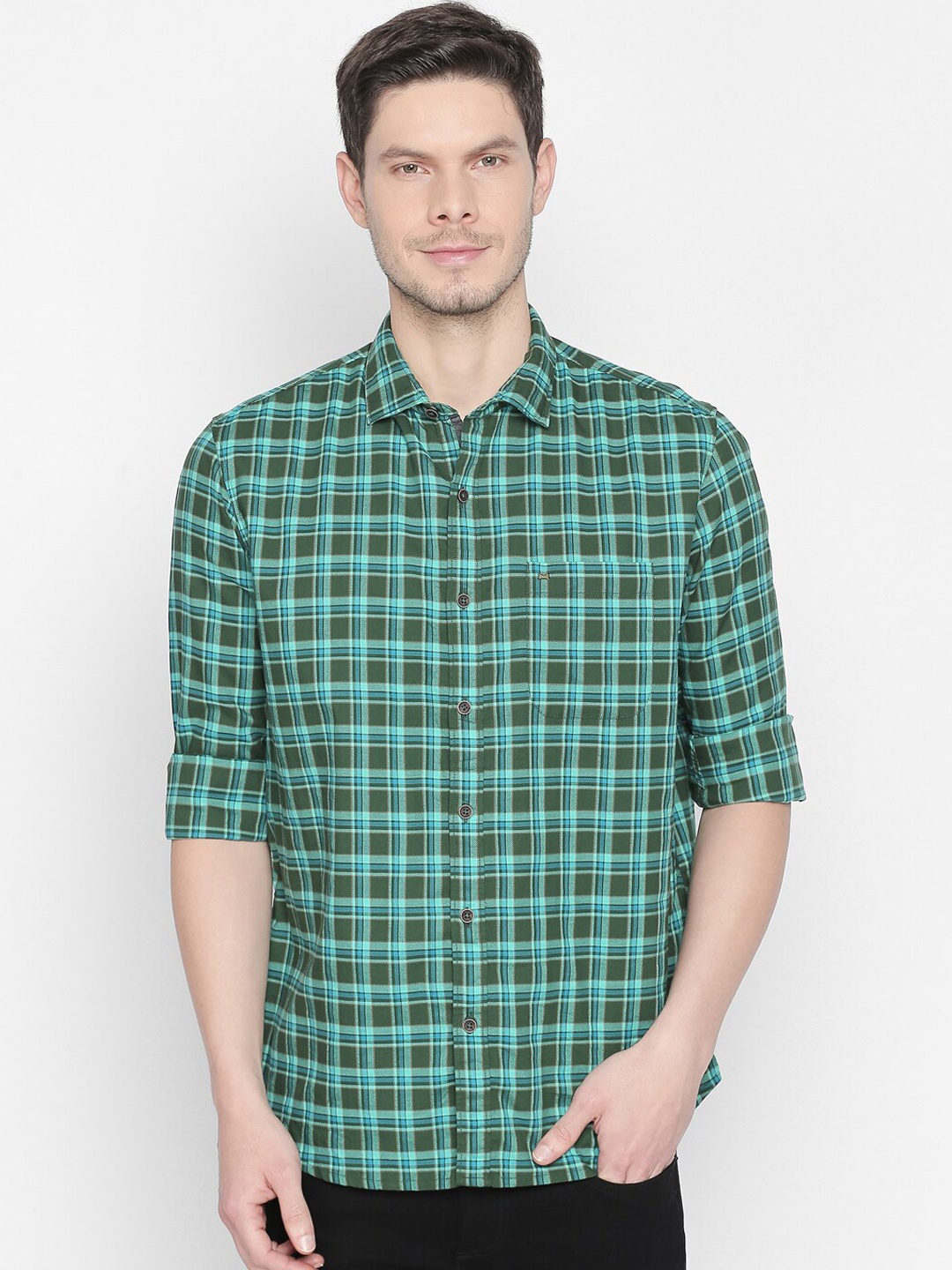 

Basics Men Green Slim Fit Checked Casual Shirt