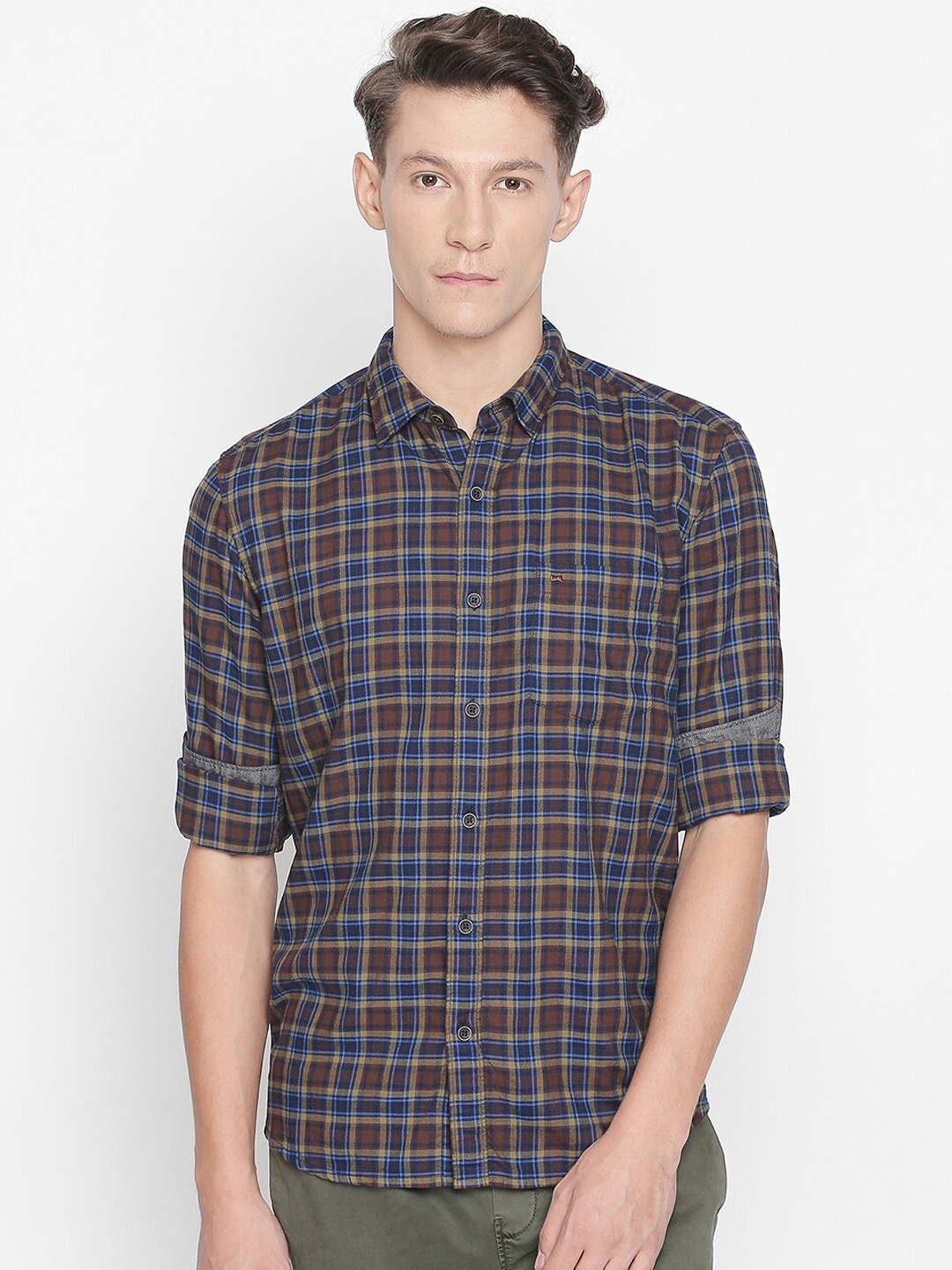 

Basics Men Blue & Brown Dobby Slim Fit Checked Casual Shirt