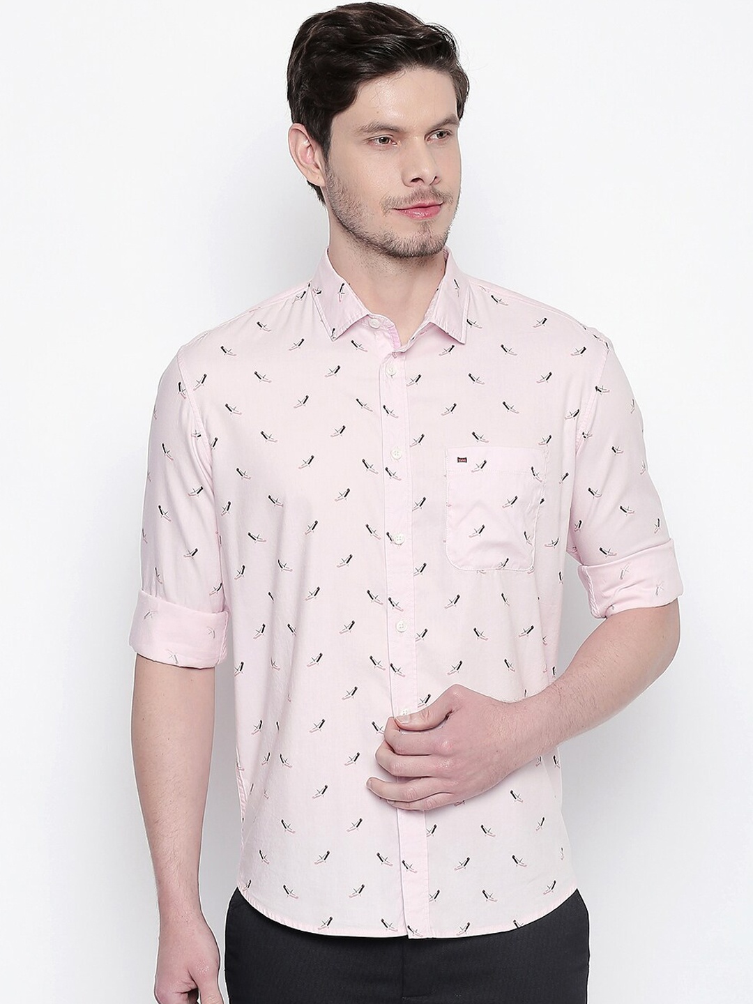 

Basics Men Pink Modal Slim Fit Printed Casual Shirt