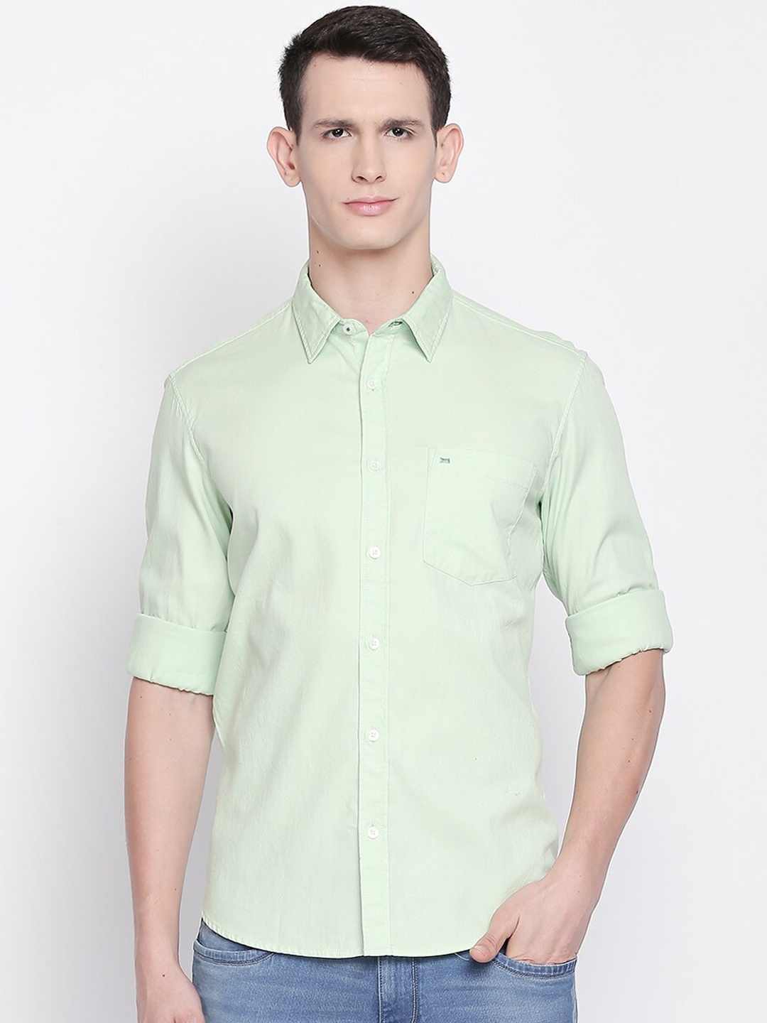 

Basics Men Green Dobby Slim Fit Casual Shirt