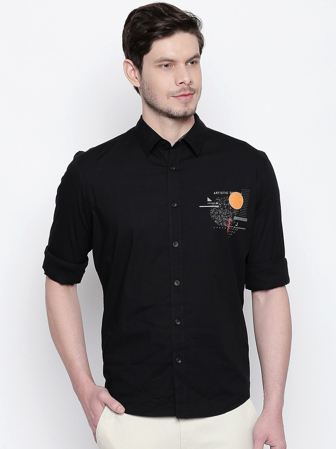 

Basics Men Black Slim Fit Printed Casual Shirt