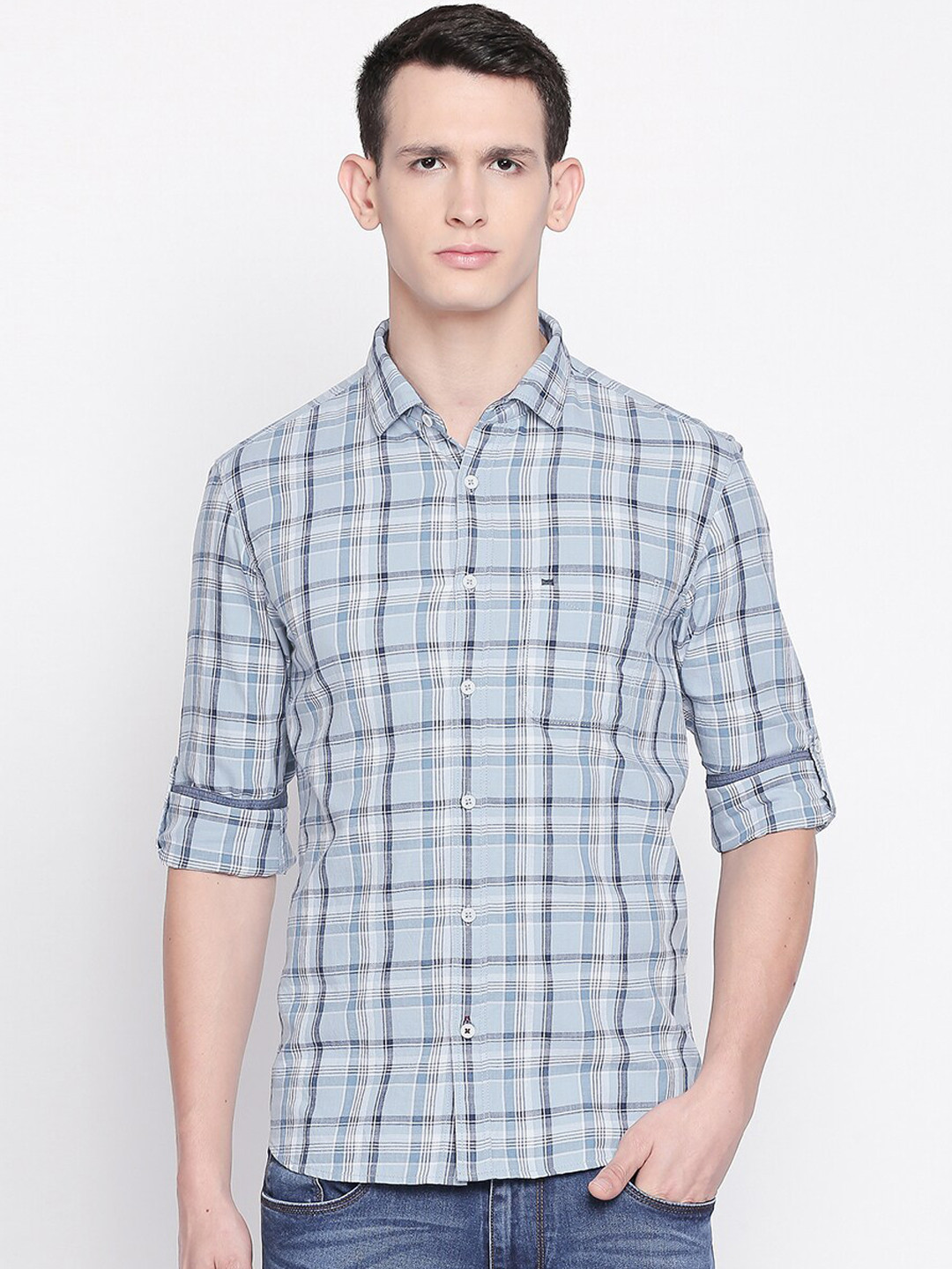 

Basics Men Blue Slim Fit Checked Casual Shirt