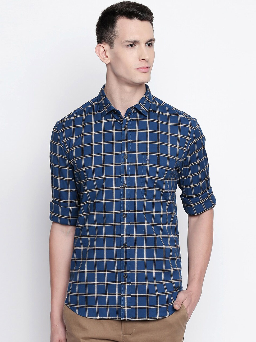 

Basics Men Blue Slim Fit Windowpane Checked Casual Shirt