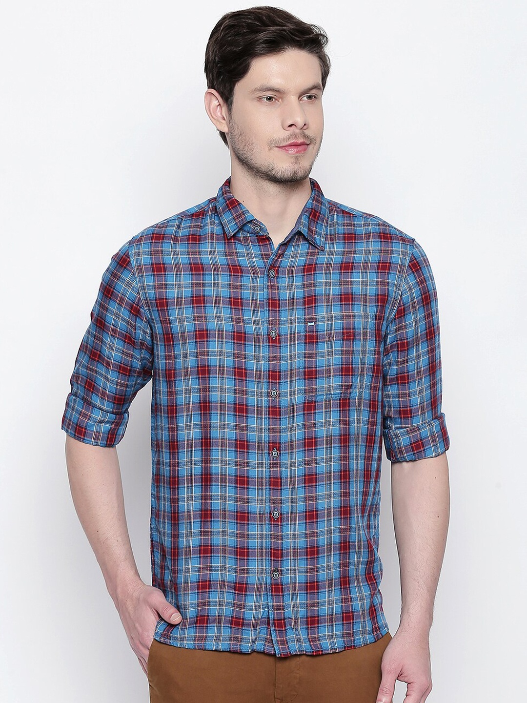 

Basics Men Blue Slim Fit Tartan Checked Casual Shirt