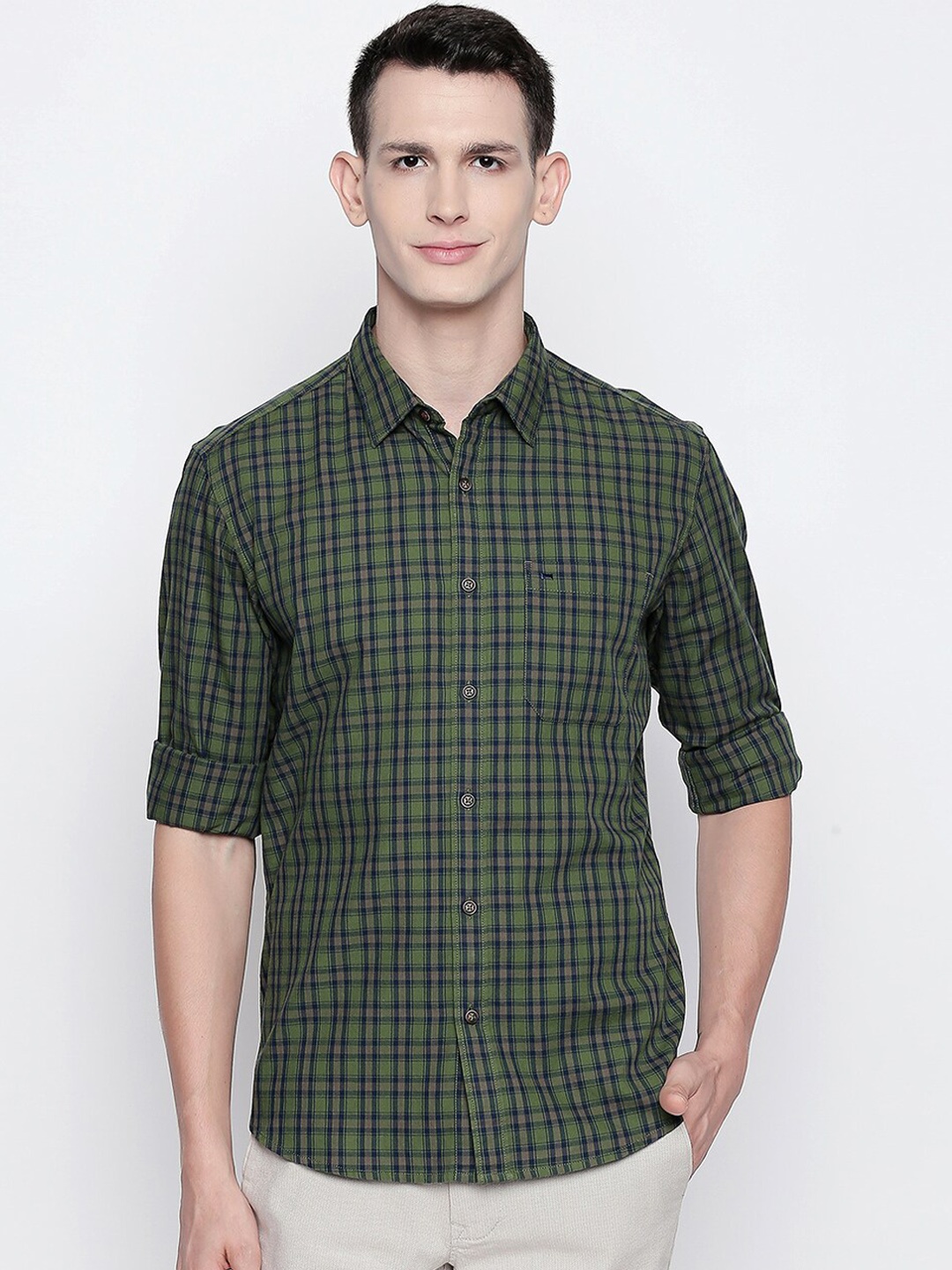 

Basics Men Green Slim Fit Tartan Checked Casual Shirt