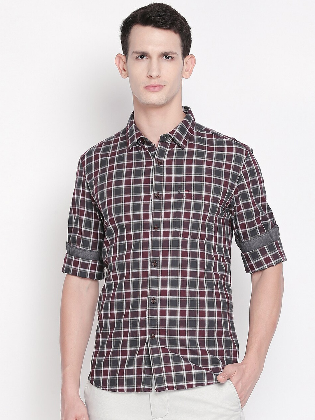 

Basics Men Maroon Slim Fit Tartan Checked Casual Shirt