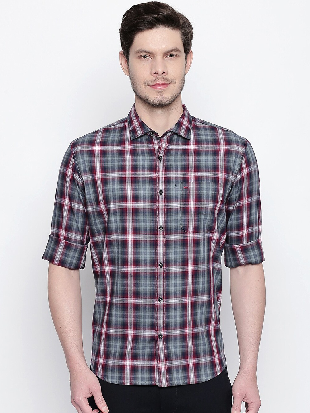 

Basics Men Red Slim Fit Tartan Checked Casual Shirt