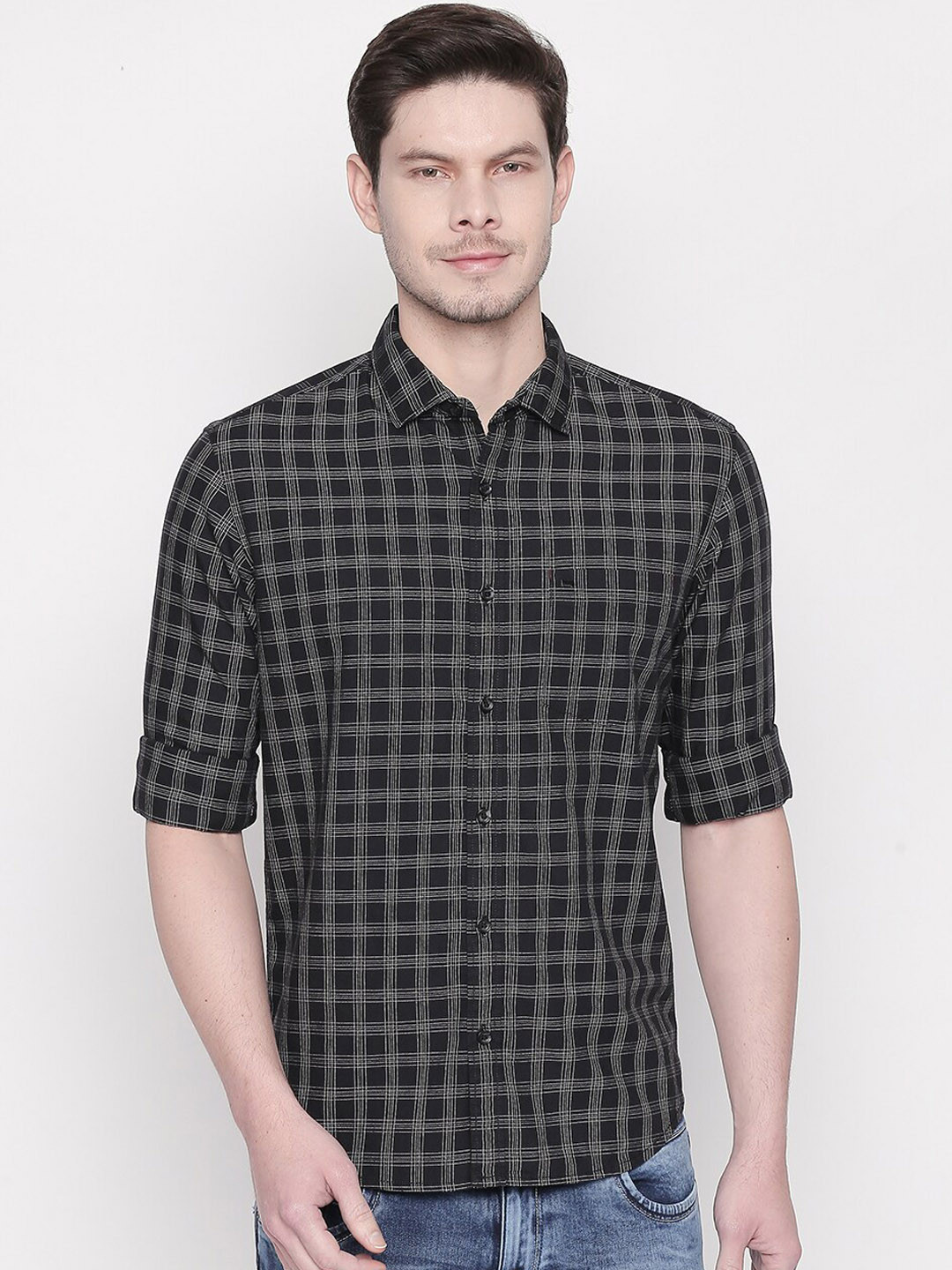

Basics Men Black Slim Fit Checked Casual Shirt
