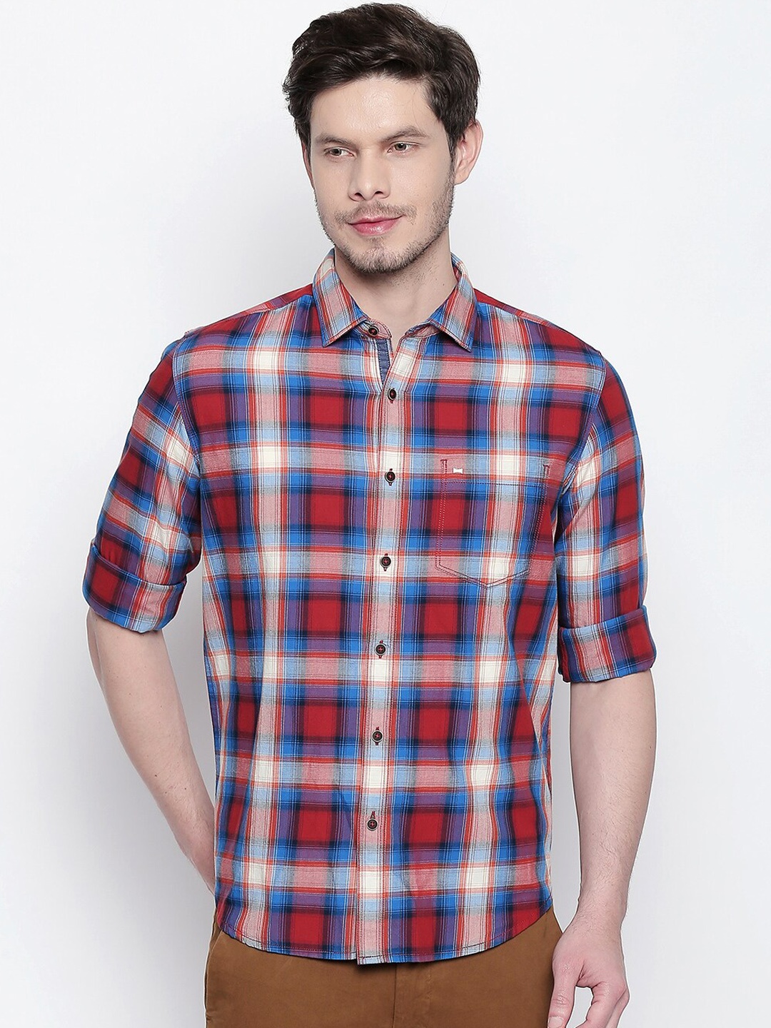 

Basics Men Red & Blue Slim Fit Tartan Checked Casual Shirt