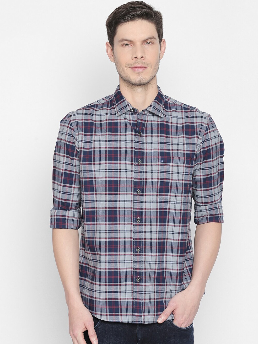 

Basics Men Grey & Navy Blue Slim Fit Tartan Checked Casual Shirt