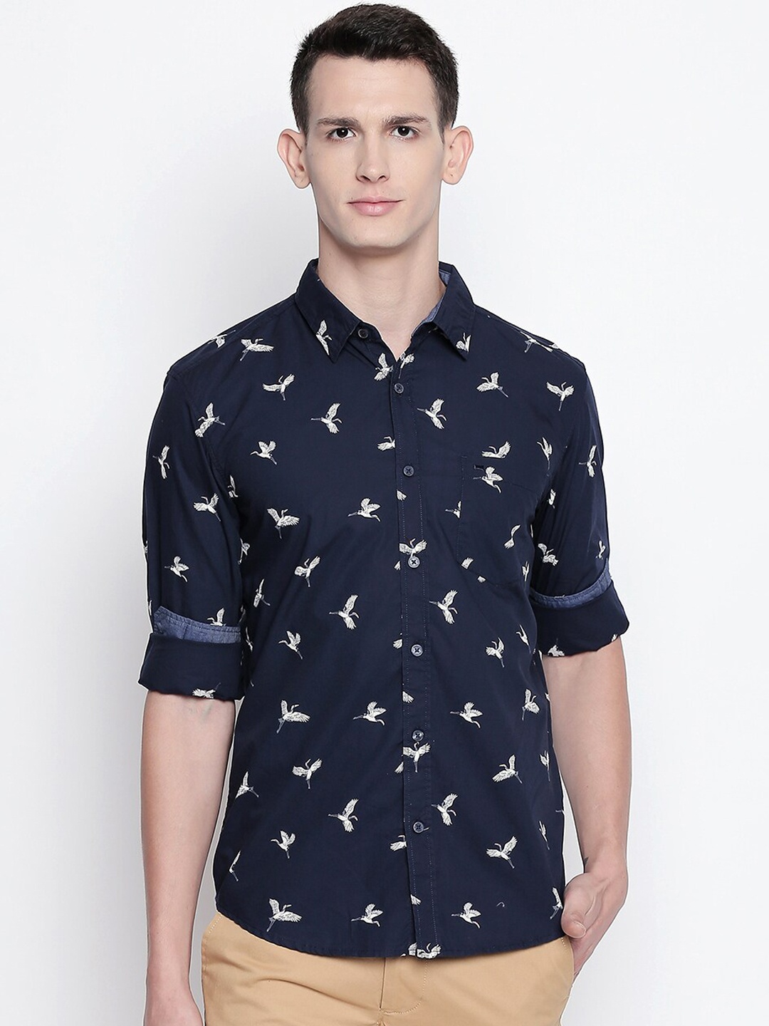 

Basics Men Navy Blue Slim Fit Printed Casual Shirt