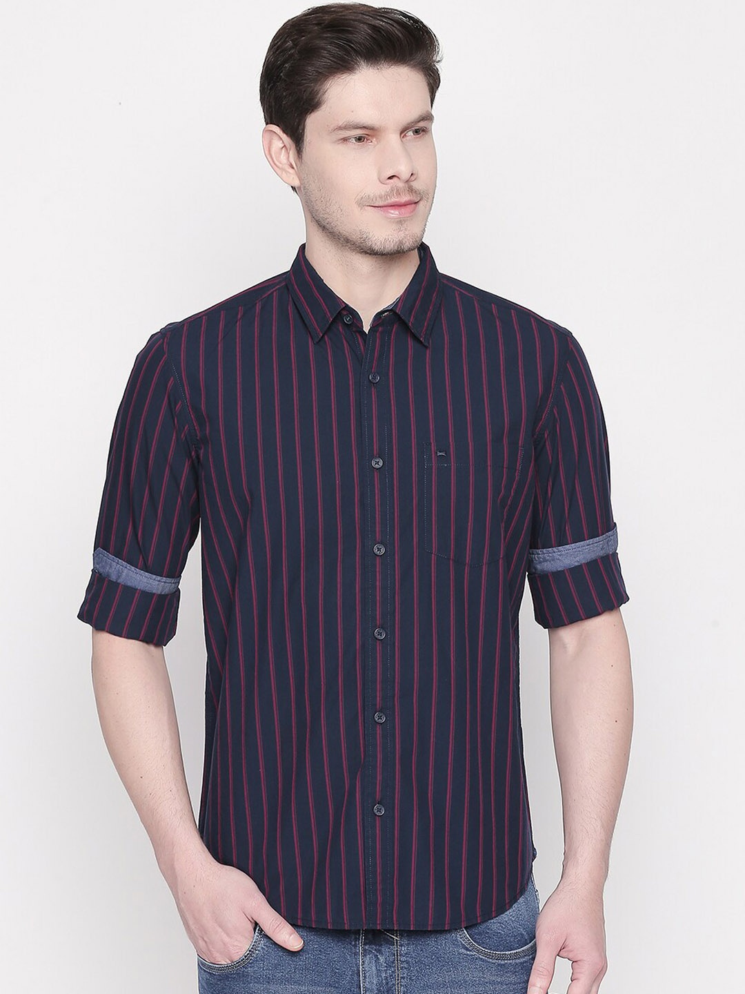 

Basics Men Navy Blue and Red Slim Fit Striped Casual Shirt