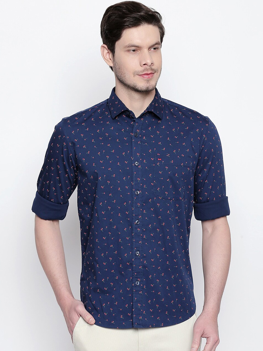 

Basics Men Navy Blue Slim Fit Ditsy Printed Casual Shirt