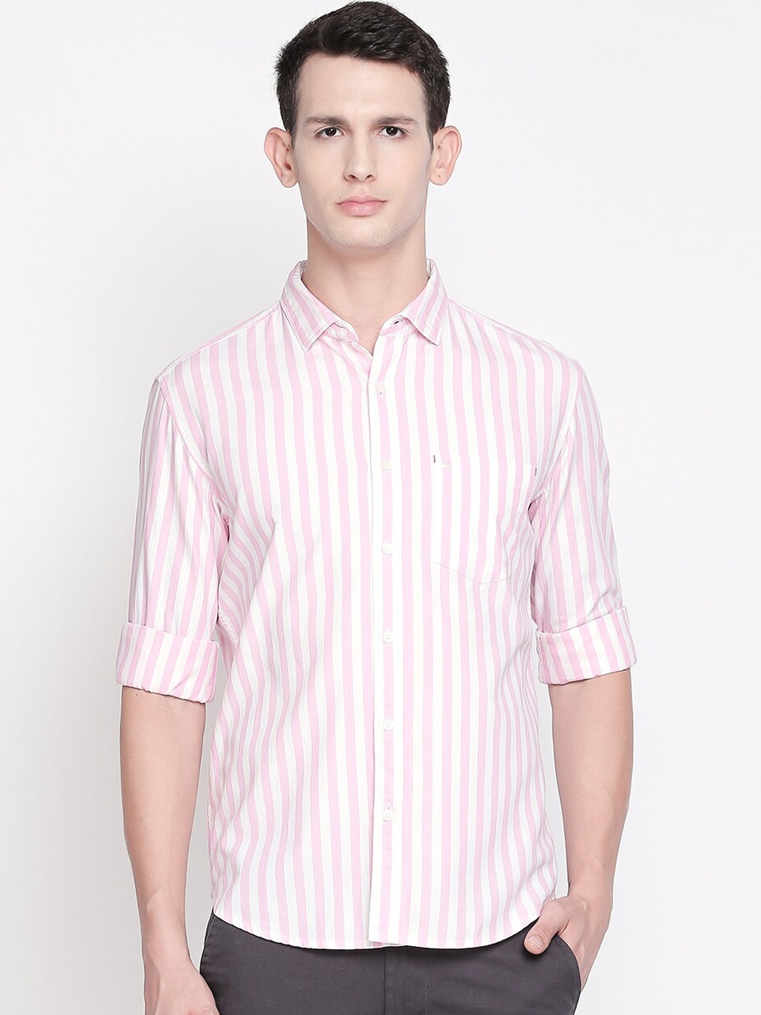 

Basics Men Pink and White Slim Fit Striped Casual Shirt