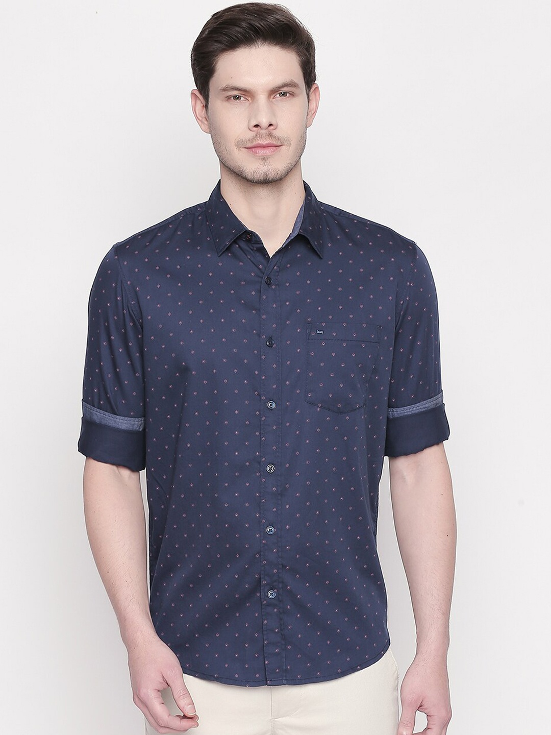 

Basics Men Navy Blue Slim Fit Micro Printed Casual Shirt