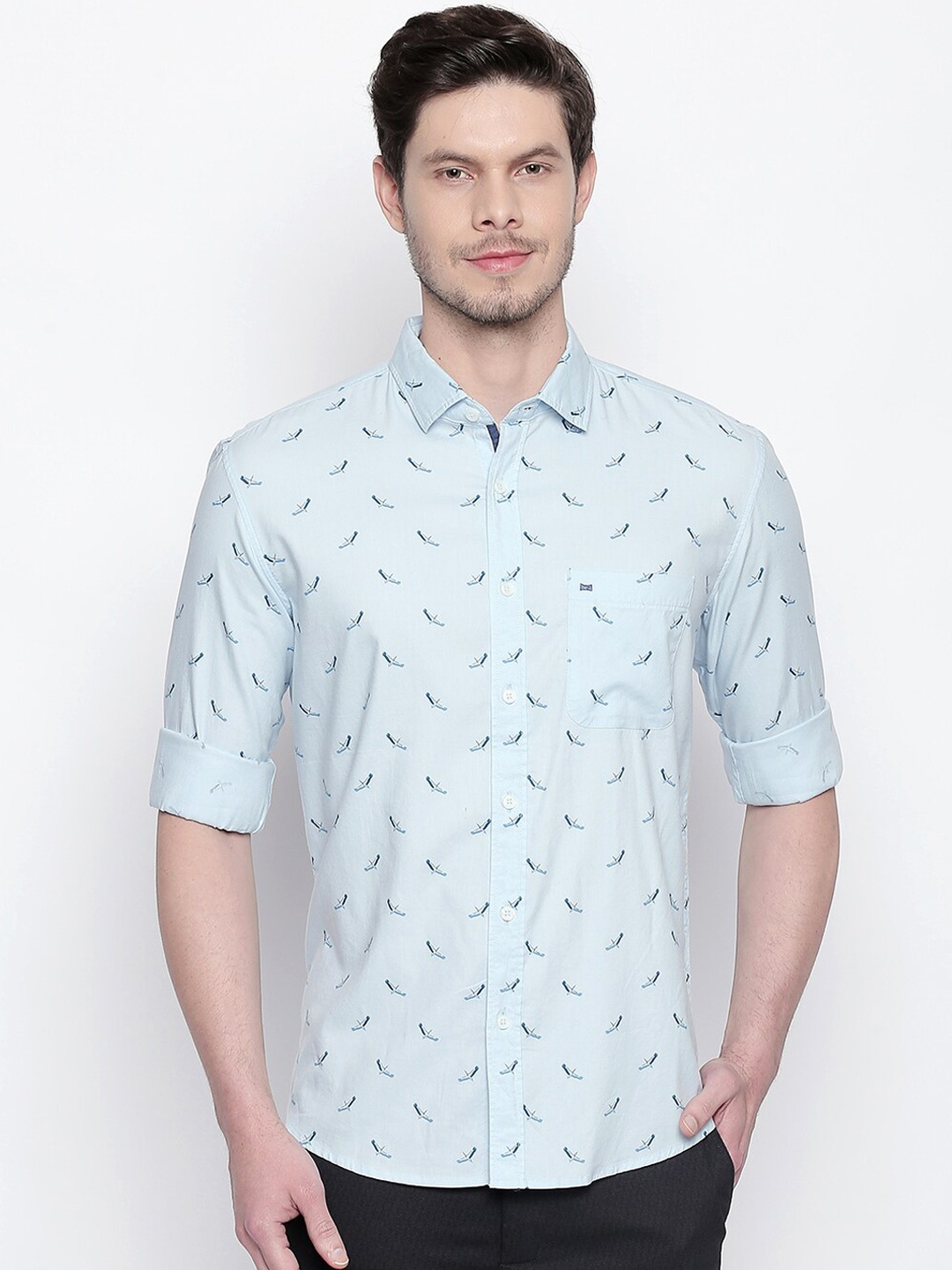 Basics Men Blue Slim Fit Conversational Printed Casual Shirt