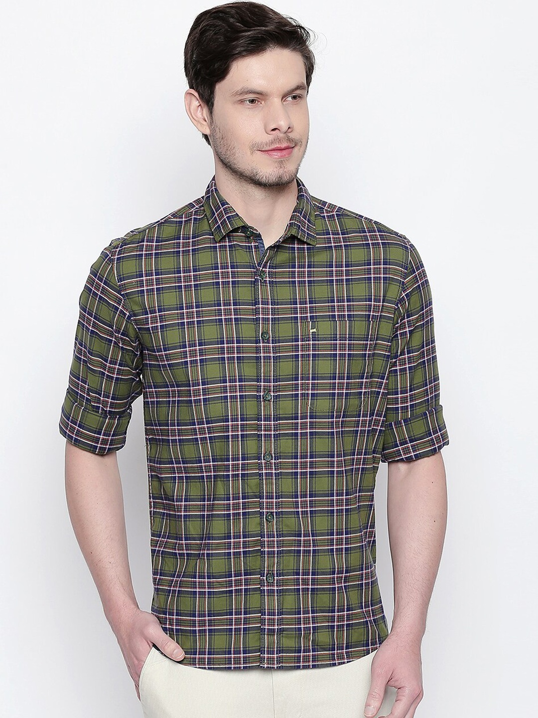 

Basics Men Green Slim Fit Tartan Checked Casual Shirt