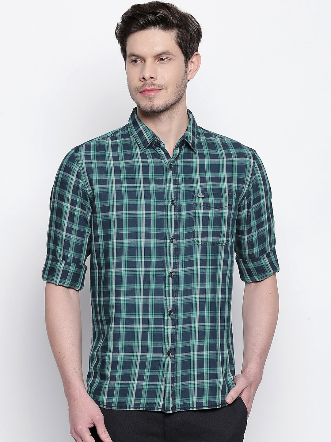 

Basics Men Green Slim Fit Checked Casual Shirt