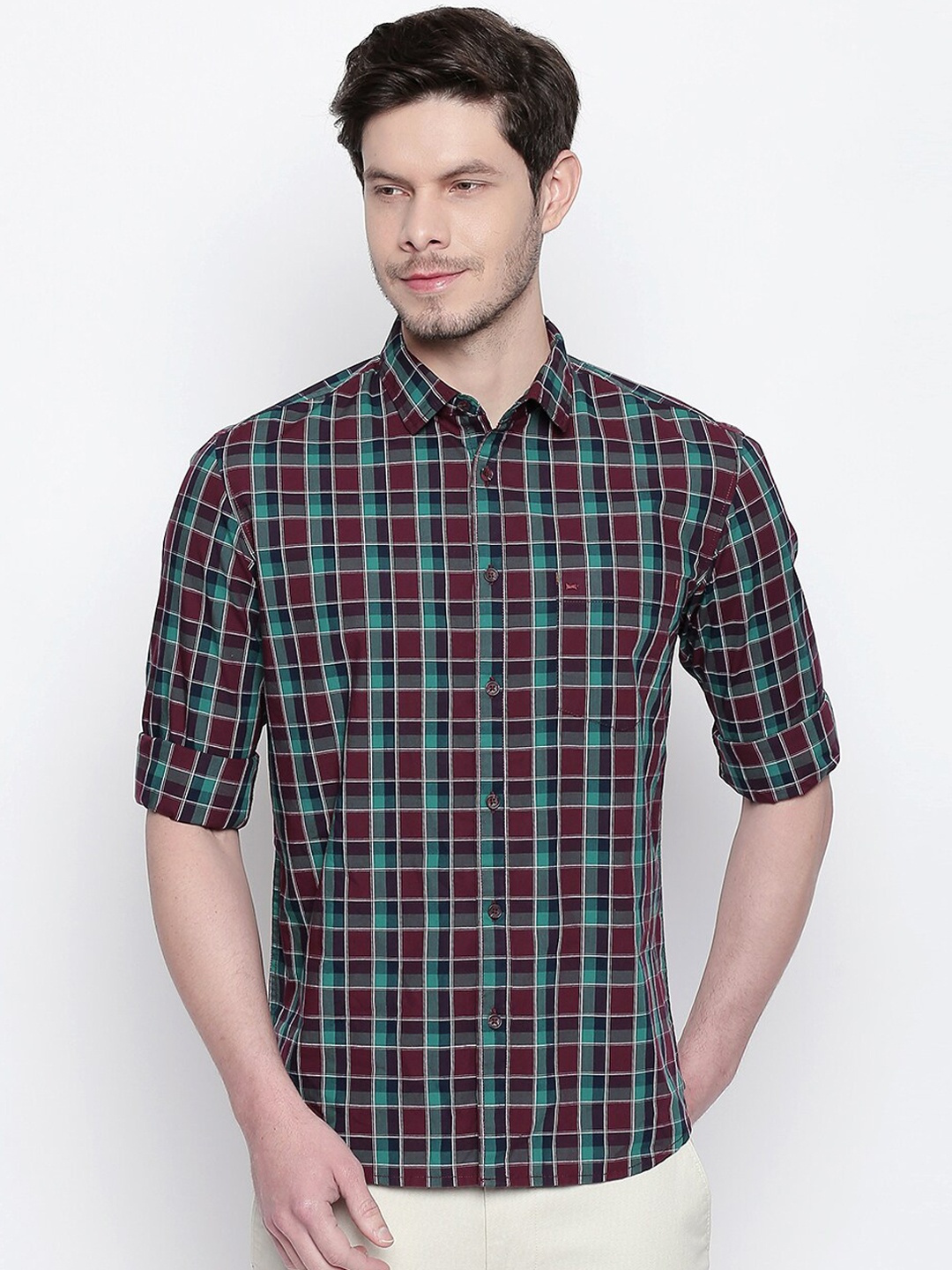 

Basics Men Maroon and Green Slim Fit Checked Casual Shirt