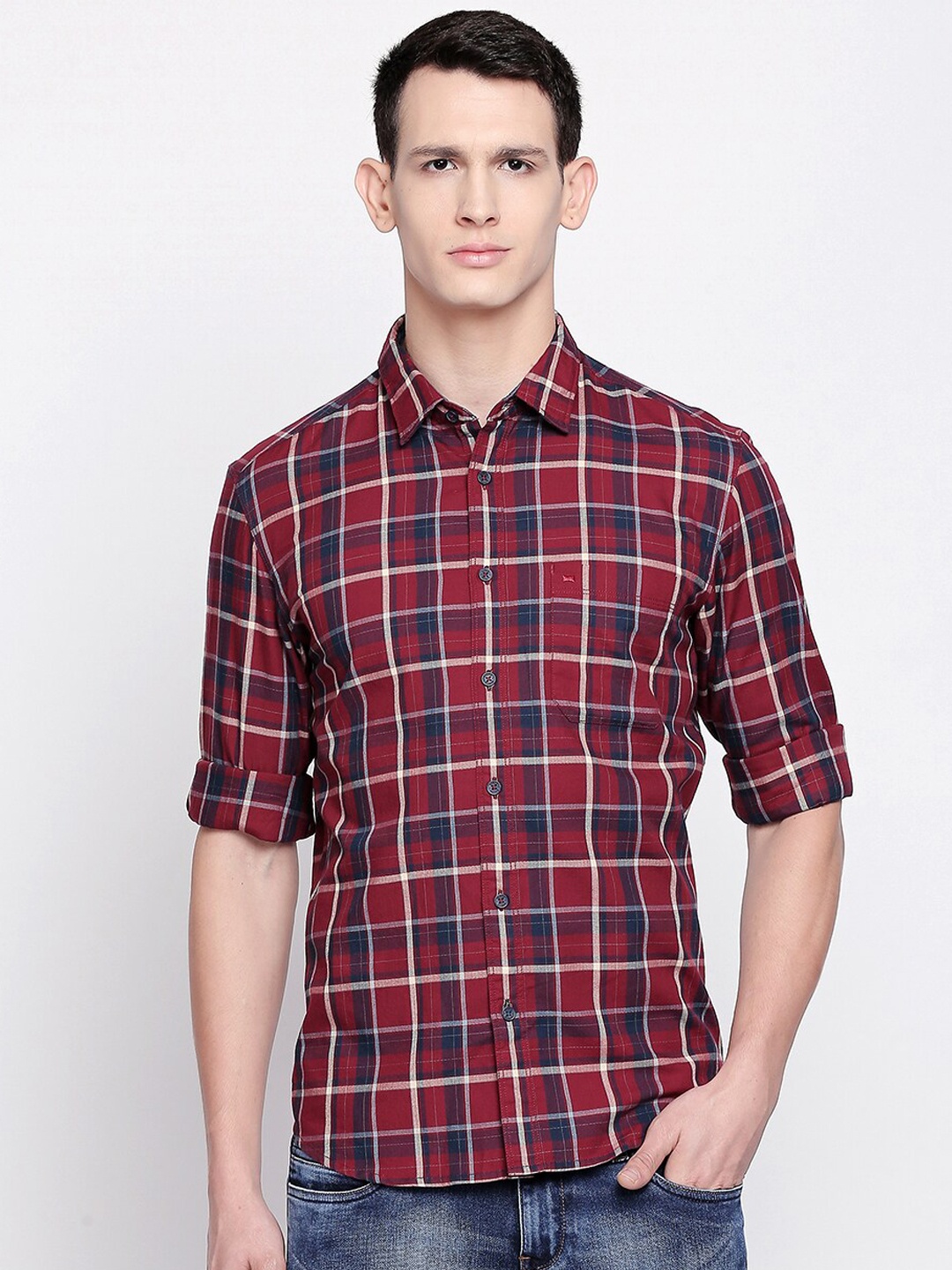 

Basics Men Maroon and Navy Blue Slim Fit Checked Casual Shirt